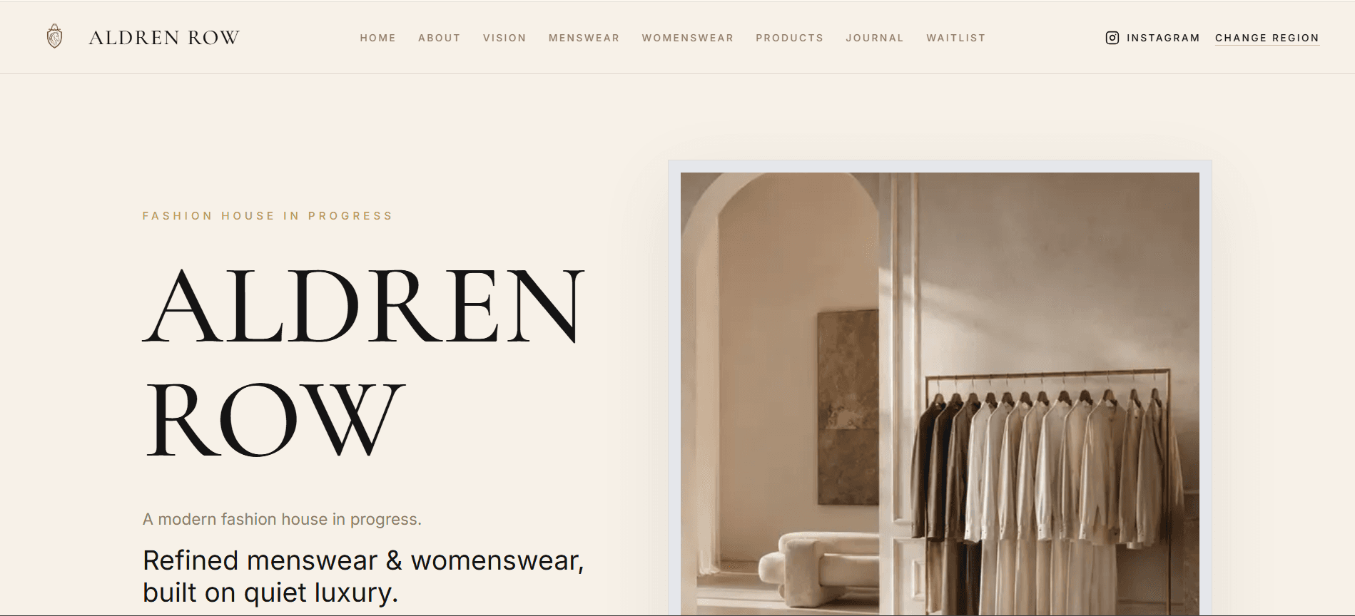 Aldren Row premium minimalist clothing brand website preview by Kunal Builds